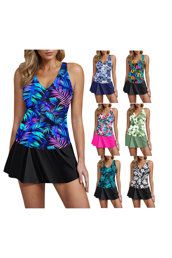 Swim Suits for Women 2025 Two Piece Womens Trendy Tankini Bathing Suits Loose Fit V-Neck Floral Tankini Top with Bottom Skirts Flowy Modest Swimwear Clearance,Multicolor XXL