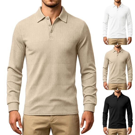 ZVAVZ Textured Polos Shirts for Men Regular Fit Long Sleeve Collared Tops Jacquard Fashion Casual Beach Vacation T-Shirt Khaki S