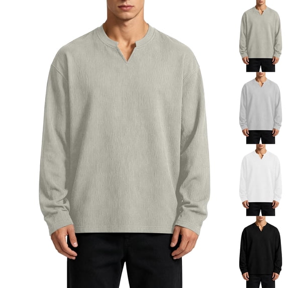 ZVAVZ Textured T-Shirt for Men Notch Neck Tee Shirt Lightweight Oversized Long Sleeve Tees Solid Casual Vacation Tops White XXXL