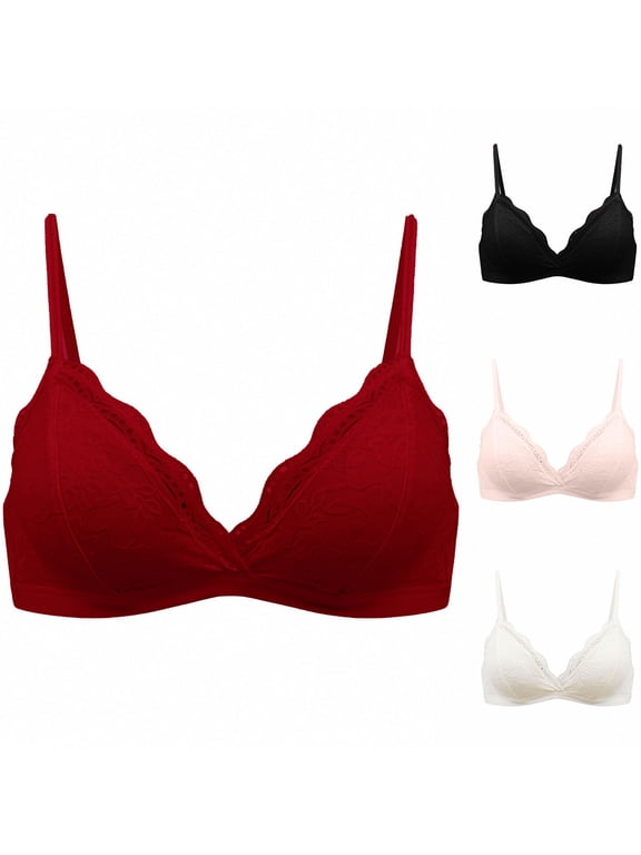 Triangle Cup Bra for Women Lace Trim Minimizer Bra Deep V Neck Wireless Bralettes Everyday Unlined Pull On Bras White 758085BC