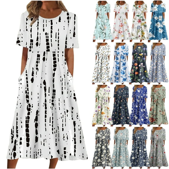 ZVAVZ Tshirt Dress for Women 2025 Trendy Floral Printed Short Sleeve Maxi Dresses Casual Flowy Long Dress with Pockets Ofertas relámpago Beige M