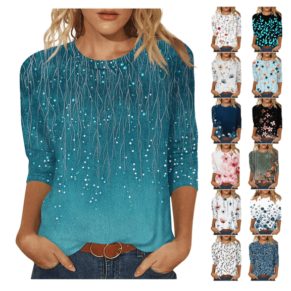 ZVAVZ Tunic Tops for Women Loose Fit Going Out Tops for Women Summer 3/4 Sleeve T Shirt Landscape Painting Pattern Top Three Quarter Sleeve Pullover Off Shoulder Tops for Women 3/4 Sleeve Crop