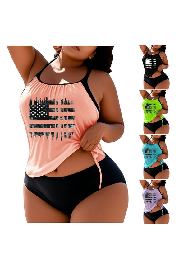 Two Piece Tankini Swimsuits for Women Plus Size American Flag Print Bathing Suits Summer Blouson Swim Top with Boy Shorts Trendy Beach Swimwear Clearance,Sky Blue 3XL