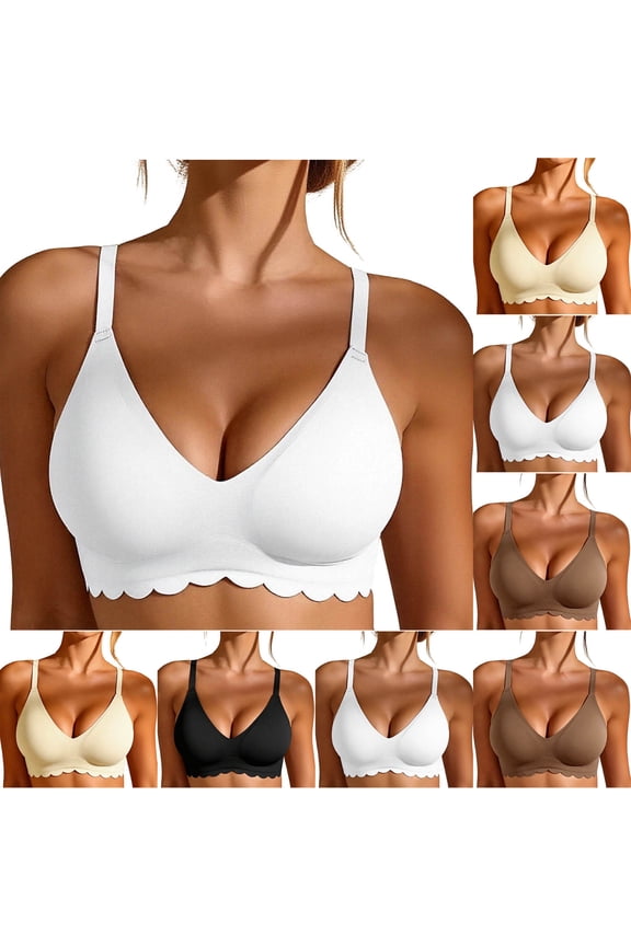 V Neck Push Up Bras for Women Scalloped Wireless Bralettes Seamless T Shirt Bras Adjustable Strap Butter Soft Bras Black S