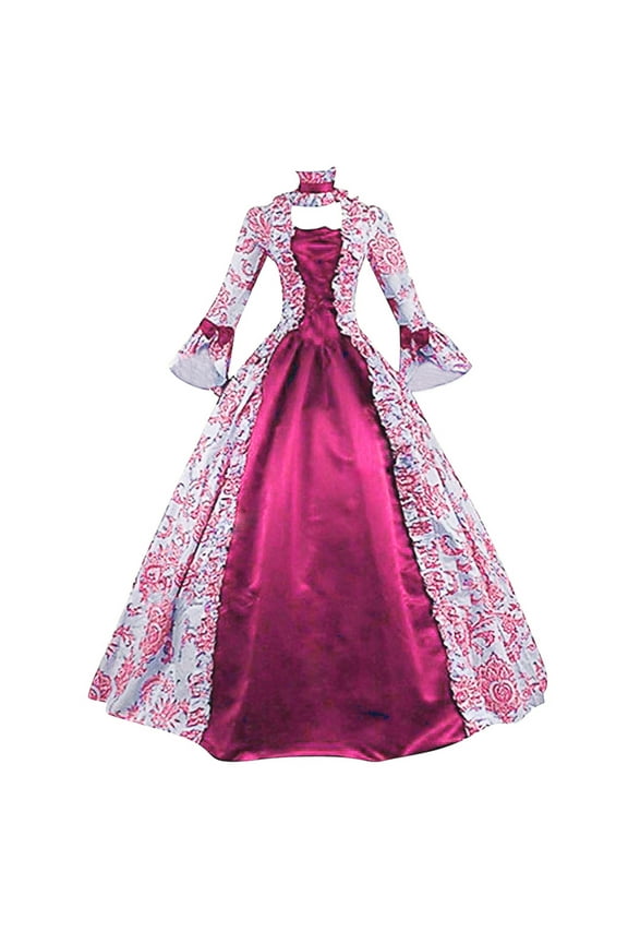 Victorian Dress Women Rococo Ball Gown Vintage Medieval Dress Plus Size Lace Up Cinch Corset Dress Flare Sleeve Wedding Guest Long Gothic Costumes Hot Pink,5XL
