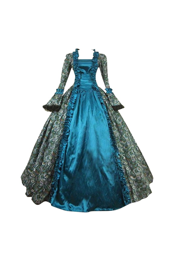Victorian Dress Women Rococo Ball Gown Vintage Medieval Dress Plus Size Lace Up Cinch Corset Dress Flare Sleeve Wedding Guest Long Gothic Costumes Blue,L
