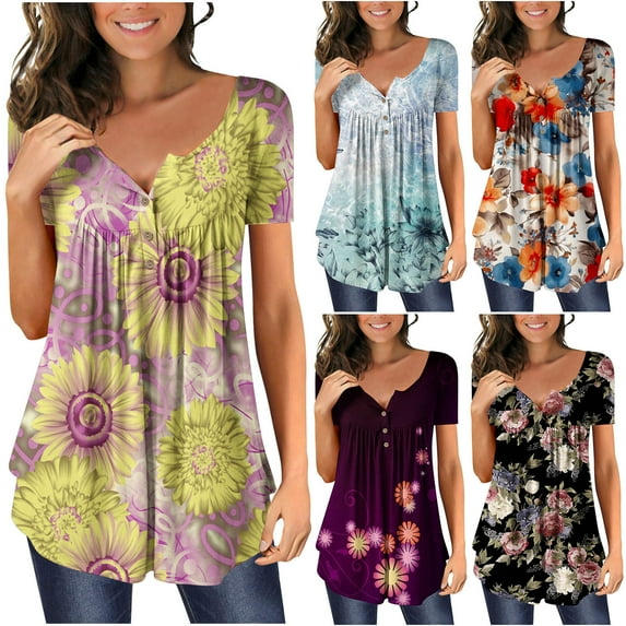 ZVAVZ Vintage Graphic Tees for Women Womens Long Tunic Tops to Wear with Leggings Casual Summer V Neck Short Sleeve Tops Hide Belly Pleated Flowy Blouses Short Sleeve blouses for women
