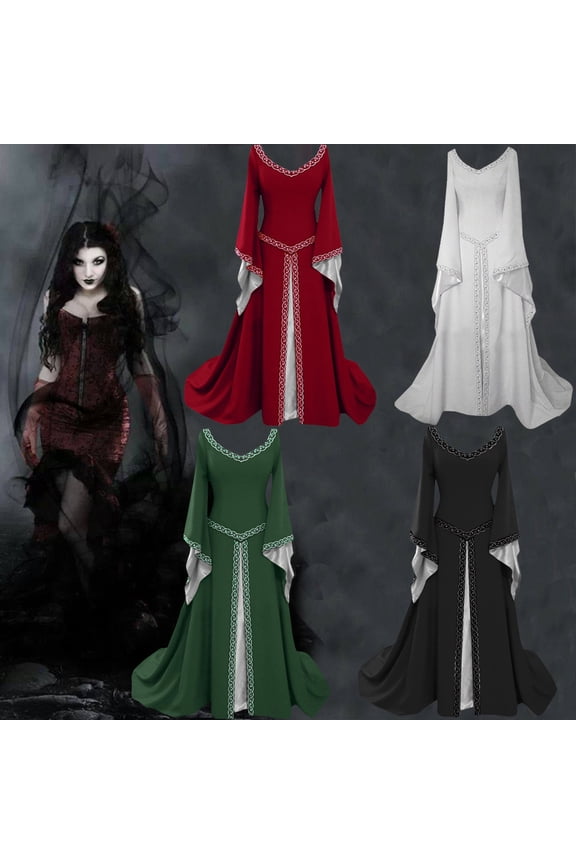 Women Plus Size Medieval Renaissance Long Dress Plus Size Butterfly Long Sleeve Maxi DressesHalloween Party Retro Dress Green,XL
