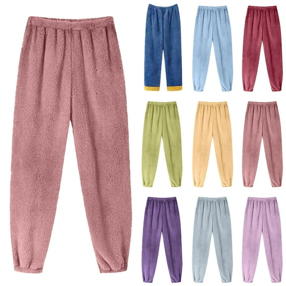 ZVAVZ Women Plush Fuzzy Pajama Pants Winter Warm Fleece Pj Bottoms Soft Cozy Lounge Elastic Waist Long Lounge Pants Solid Sleepwear Pink,S