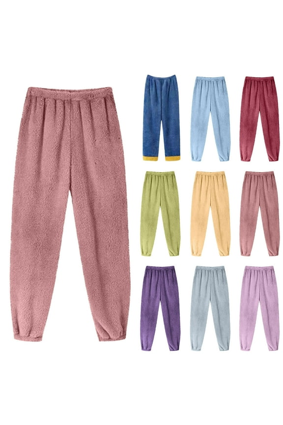 Women Plush Fuzzy Pajama Pants Winter Warm Fleece Pj Bottoms Soft Cozy Lounge Elastic Waist Long Lounge Pants Solid Sleepwear Yellow,S