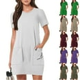 thumbnail image 1 of ZVAVZ Women Summer Dresses,Women's Solid Color Short Sleeve Pullover Dress Dressy Round Neck Tunic Pockets Sundress Khaki,M, 1 of 7