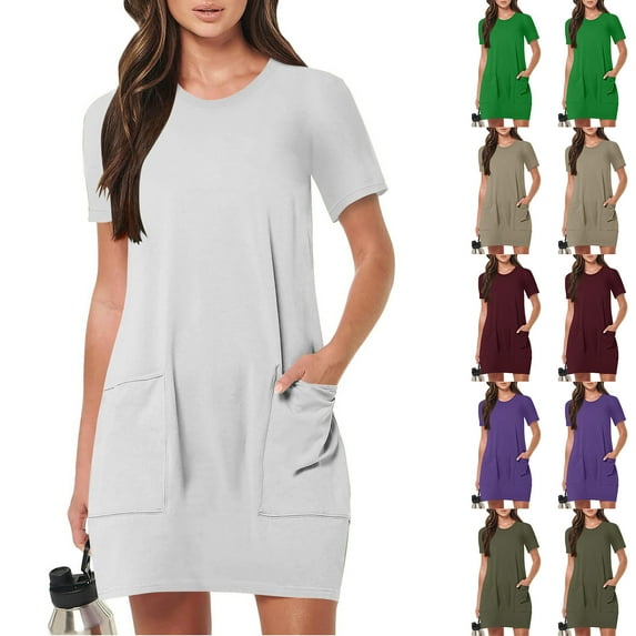 ZVAVZ Women Summer Dresses,Women's Solid Color Short Sleeve Pullover Dress Dressy Round Neck Tunic Pockets Sundress Khaki,M