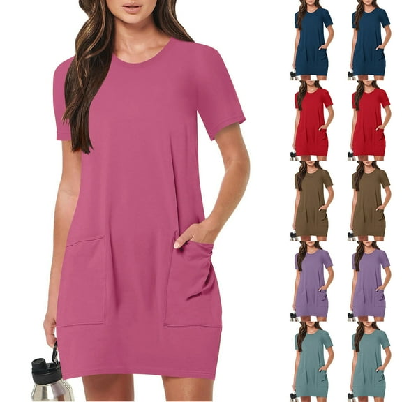 ZVAVZ Women Summer Dresses,Women's Solid Color Short Sleeve Pullover Dress Dressy Round Neck Tunic Pockets Sundress Red,S