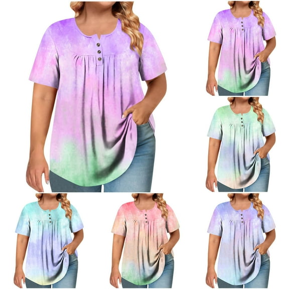ZVAVZ Women Summer Tops 2025 Gradient Tie Dye T-Shirts Buttons Pleated Henly Crew Neck Blouse Relaxed Fitted Comfy Pullover Blouse Purple,XL