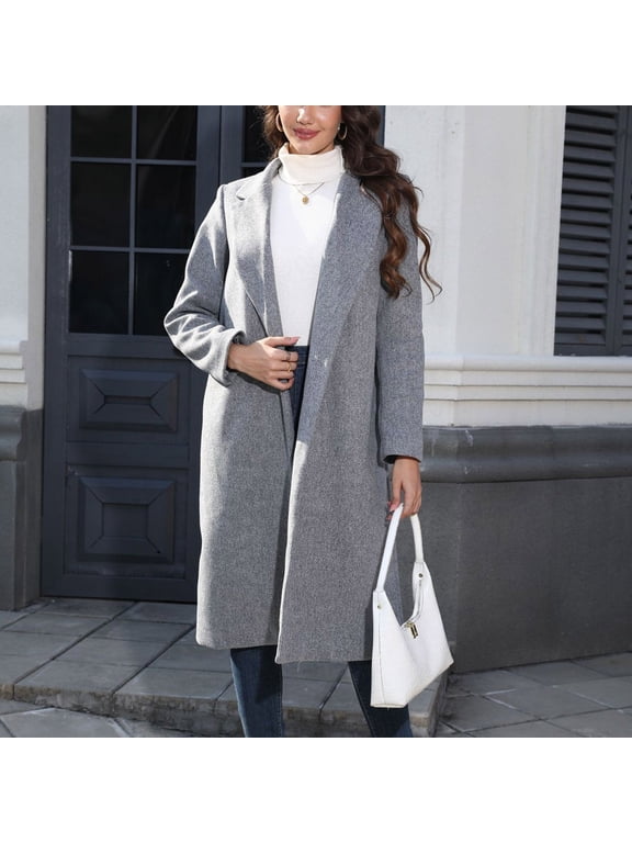Women's 0pen Front Long Jacket Lapel Collar Long Sleeve Coats Tweed Extra Long Blazer Jackets Fashion Maxi Duster Coats Gray S