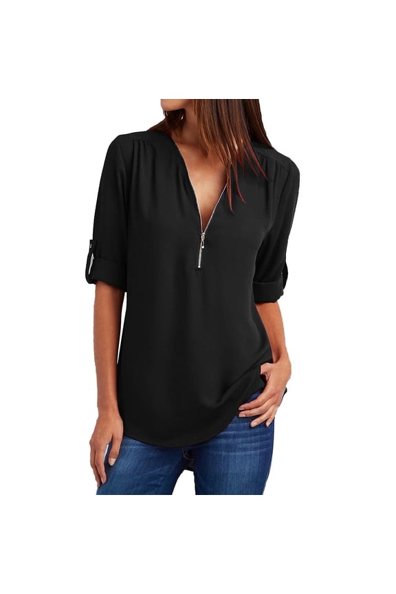 Women's 3/4 Cuffed Sleeve Blouses Work Shirt Plus Size Rollable Sleeve T Shirts Zipper V Neck Sexy Casual Tunic Tops