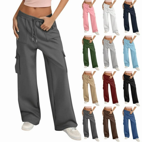 ZVAVZ Women's Relaxed Fit Fleece Open Bottom Sweatpants with Multiple Pockets Casual High Waist Loose Cargo Sweatpant White,S
