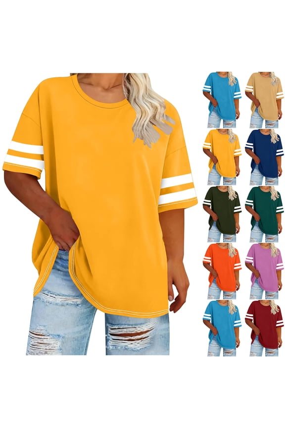 Women's Striped Short Sleeve Tops Oversized Crewneck T-shirt Plus Size Summer Basic Tees Casual Baseball Tee Shirts Wine XXL