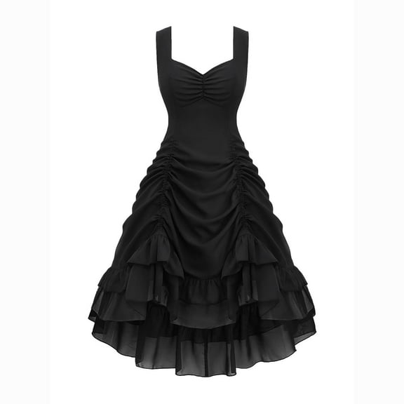 ZVAVZ Women's Victorian Ball Gown Vintage Gothic Sleeveless DressRuffle Layer Chiffon Pleated Festival Party Dresses Black,M