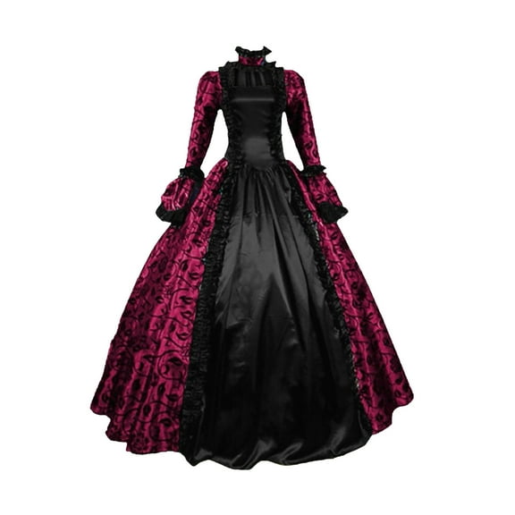 ZVAVZ Women's Victorian Rococo Dress Vintage Long Party Costume Flare Sleeve Medieval Ball Gown Lace Patchwork Gothic Dress Masquerade Theme Dresses Red,S