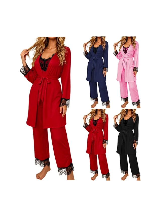Womens 3 Piece Lace Lounge Set Lace Push Up Bras and Pants Sets with Belted Robe Dressy Casual Soft Sleepwear Set Navy S