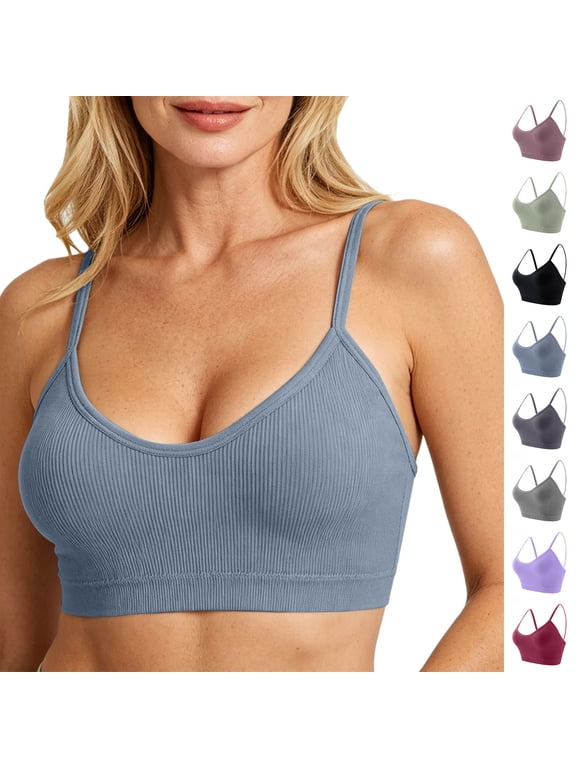 Womens Camisole Sports Bra Spaghetti Strap Ribbed Bra High Impact Yoga Bras Sports Gym Seamless Bralettes Comfy Sports Pilates Bras Gray S