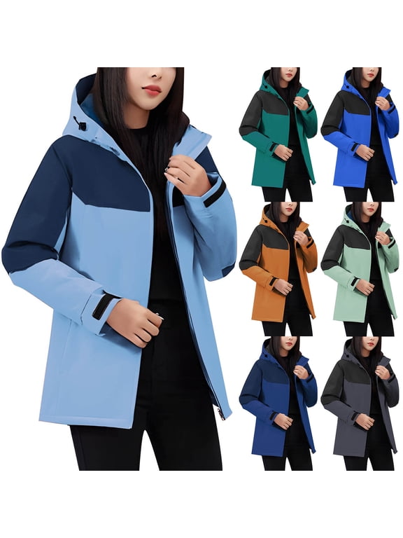 Womens Color Block Rain Jacket Long Sleeve Windproof Hooded Jackets Fleece Lined Warm Outwear Fall Winter Fashion Windbreakers with Zipper Pockets Dark Blue XXXXL