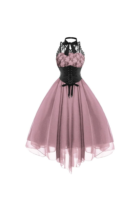 Womens Gothic Steampunk Dress Plus Size Sleeveless Lace Trim Dress Flowy Chiffon Goth Corset Dress Plus Size Cocktail Dresses for Weddings Pink,XL