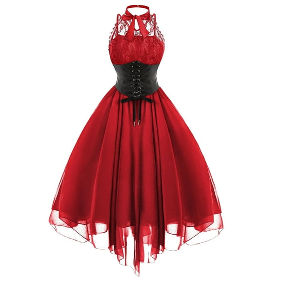 ZVAVZ Womens Gothic Steampunk Dress Plus Size Sleeveless Lace Trim Dress Flowy Chiffon Goth Corset Dress Plus Size Cocktail Dresses for Weddings Red,XXL