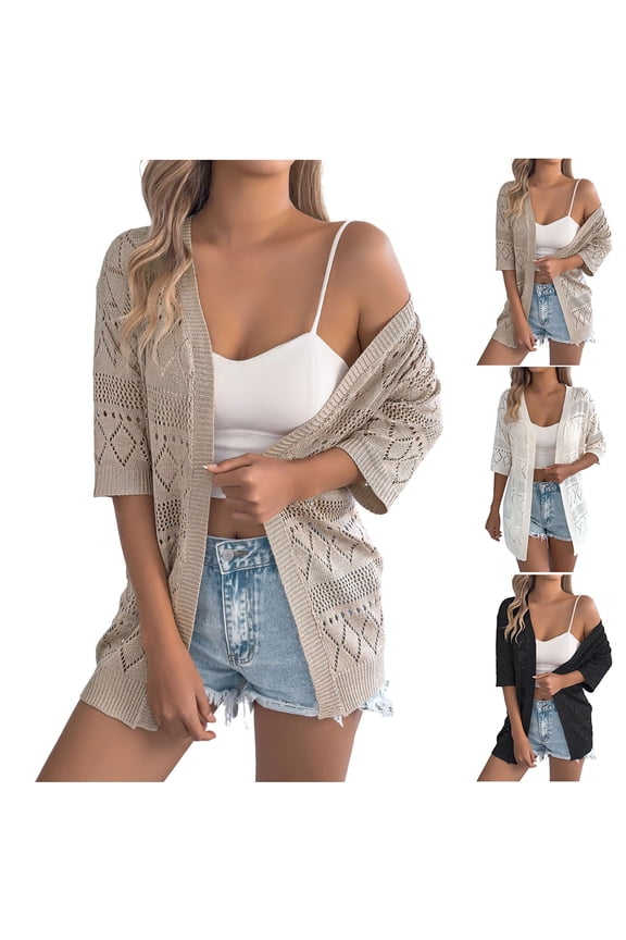 Womens Knit Cardigans Open Front Crochet Cardigan Short Sleeve Hollow Out Kimono Cardigans Lightweight Oversized Beach Sweater Cardigans White L