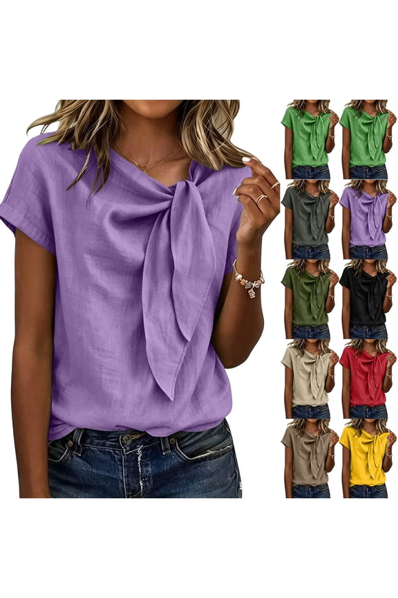 Womens Knot Neckline Tops Solid Crew Neck Short Sleeve Tee Shirts Summer Loose Fit Dressy Top Lightweight Casual Party Going Out Tees Yellow#womens tops 2026 trendy#28 XL