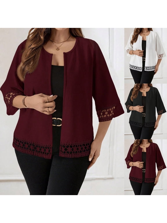 Womens Lace Trim Cardigans Solid 3/4 Sleeve Dressy Cardigan Lightweight Hollow Out Cardigans Fashion Daily Going Out Cardigan White XXL