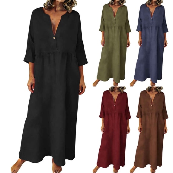 ZVAVZ Womens Linen Dresses Summer 3/4 Sleeve V-Neck Maxi Dress Boho Flowy Casual Dress Button Beach Vacation Outfits Red,M
