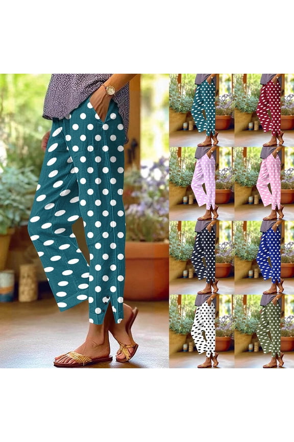 Womens Linen Pants High Waist Comfy Side Slit Pants Fashion Polka Dots Print Slacks Summer Beach Casual Trousers With Pockets White,M