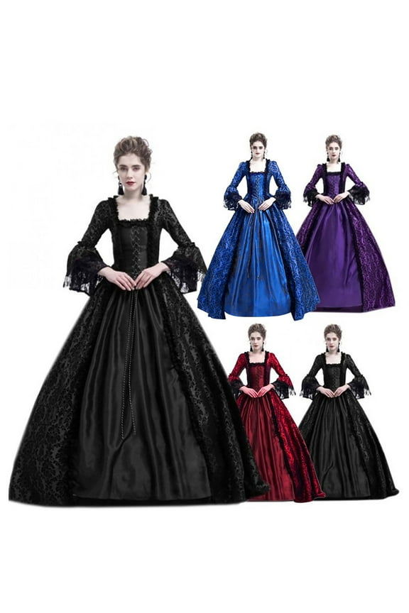 Womens Medieval Rococo Party Dress Square Neck Lace Long Sleeve Floor Length DressesVictorian Masquerade Theme Costumes Wine,M