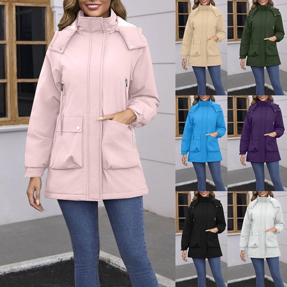 ZVAVZ Womens Parka with Multi Pockets Winter Jacket with Detachable Hood Lightweight Waterproof Rain Coats Fashion Outdoor Windproof Outwear Black L