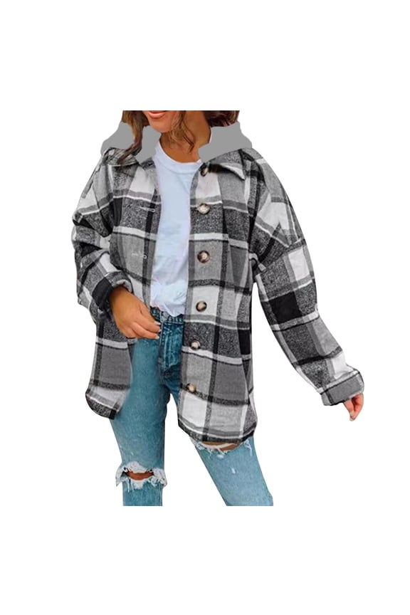 Womens Plaid Shacket Jacket Plus Size Flannel Drape V Button Down Long Cardigan Fall Winter Coats for Women Gray,S