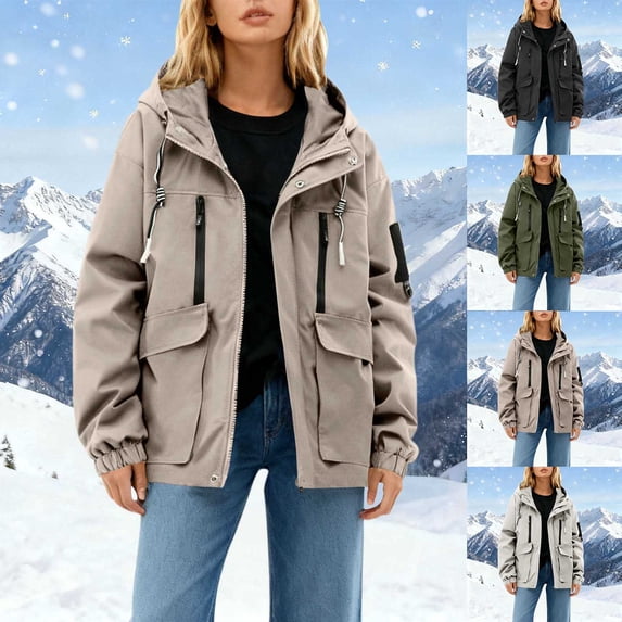 ZVAVZ Womens Plus Size Snow Jackets Cargo Jacket with Multi Pockets Fashion Waterproof Jackets Plus Size Windproof Rain Coats Beige XXL