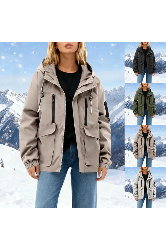 Womens Plus Size Snow Jackets Cargo Jacket with Multi Pockets Fashion Waterproof Jackets Plus Size Windproof Rain Coats Khaki XL