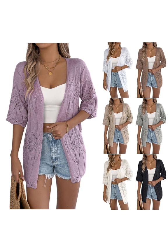 Womens Short Sleeve Knit Cardigans Open Front Crochet Cardigan Oversized Beach Cover Up Solid Lightweight Layering Kimono Cardigans Beige S