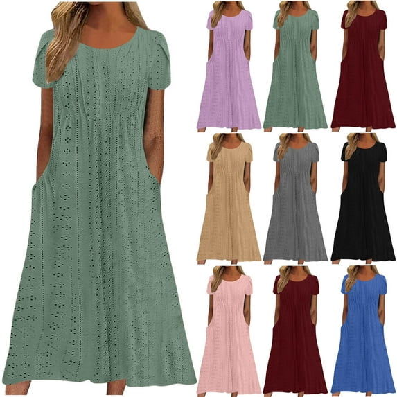 ZVAVZ Womens Summer Dresses 2025,Ladies Petal Sleeve Solid Color Midi Dresses Fashion Round Neck Eyelet Flowy Dress Blue,2XL