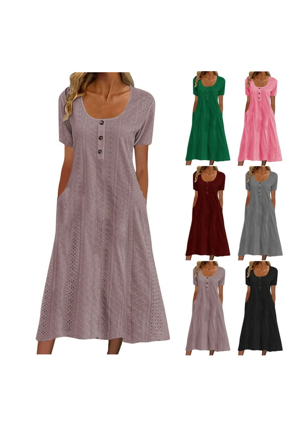 Womens Summer Dresses 2025,Ladies Petal Sleeve Solid Color Midi Dresses Fashion Round Neck Eyelet Flowy Dress Hot Pink,M