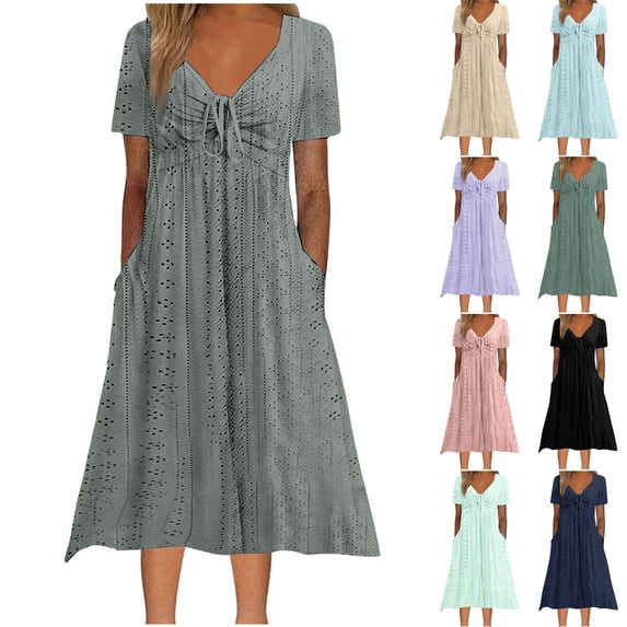 ZVAVZ Womens Summer Dresses 2025,Ladies Petal Sleeve Solid Color Midi Dresses Fashion Round Neck Eyelet Flowy Dress Purple,2XL