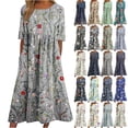 thumbnail image 1 of ZVAVZ Womens Summer Dresses Casual Ladies Boho Floral Print Midi Sundress Short Sleeve Round Neck Fashion Dresses with Pocket Blue M, 1 of 6