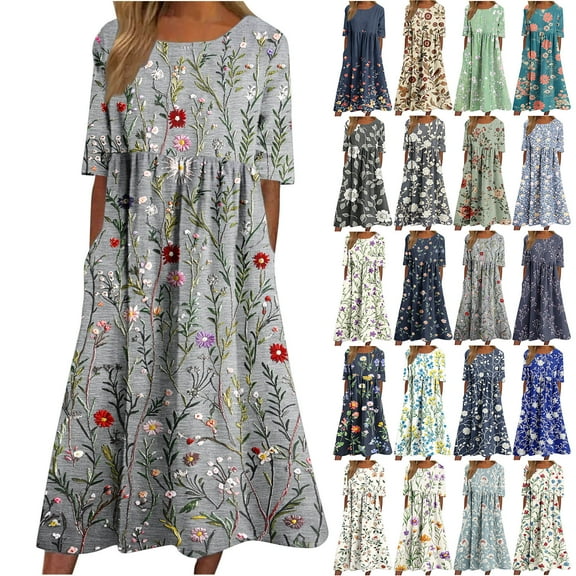 ZVAVZ Womens Summer Dresses Casual,Ladies Boho Floral Print Midi Sundress Short Sleeve Round Neck Fashion Dresses with Pocket Sky Blue,S