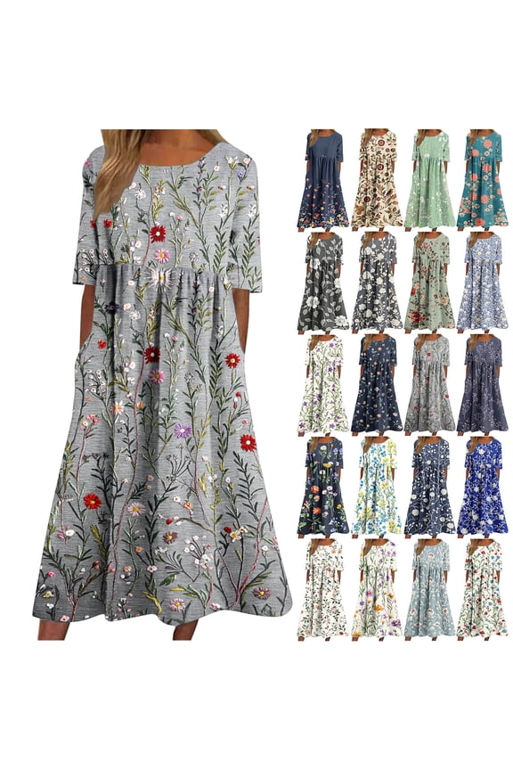 Womens Summer Dresses Casual,Ladies Boho Floral Print Midi Sundress Short Sleeve Round Neck Fashion Dresses with Pocket Sky Blue,S