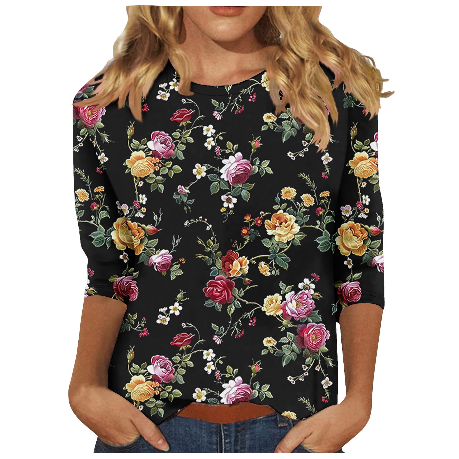 Women’s Printed Spike Button Three-Quarter Sleeve Casual Top