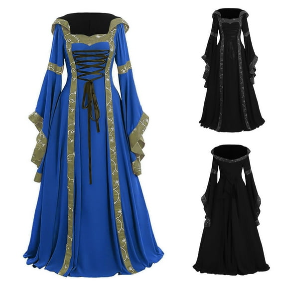 ZVAVZ Womens Vintage Medieval Dress Casual Renaissance Costume Hooded Retro Lace up Long Sleeve Party Cocktail DressGothic Gown Black,XXXXXL
