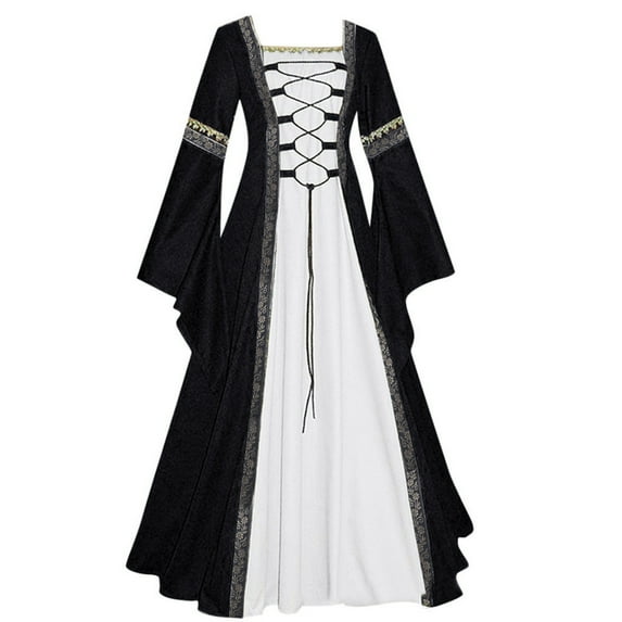 ZVAVZ Womens Wedding Guest Medieval Costume Dress Flare Sleeve Lace up Over Long Dresses Irish Fairy Wedding Guest Dress for Black,2XL