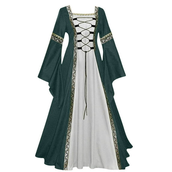 ZVAVZ Womens Wedding Guest Medieval Costume Dress Flare Sleeve Lace up Over Long Dresses Irish Fairy Wedding Guest Dress for Green,3XL